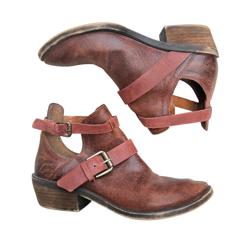 Vintage Y2K Lucky Brand Leather Cutout Ankle Boots Brown Buckle Boho Grunge 10
